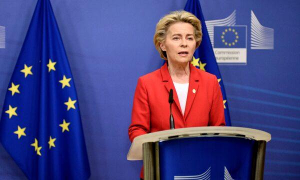 European Commission President Ursula von der Leyen makes a statement regarding the Withdrawal Agreement at EU headquarters in Brussels, on Oct. 1, 2020. (Johanna Geron/Pool via AP)