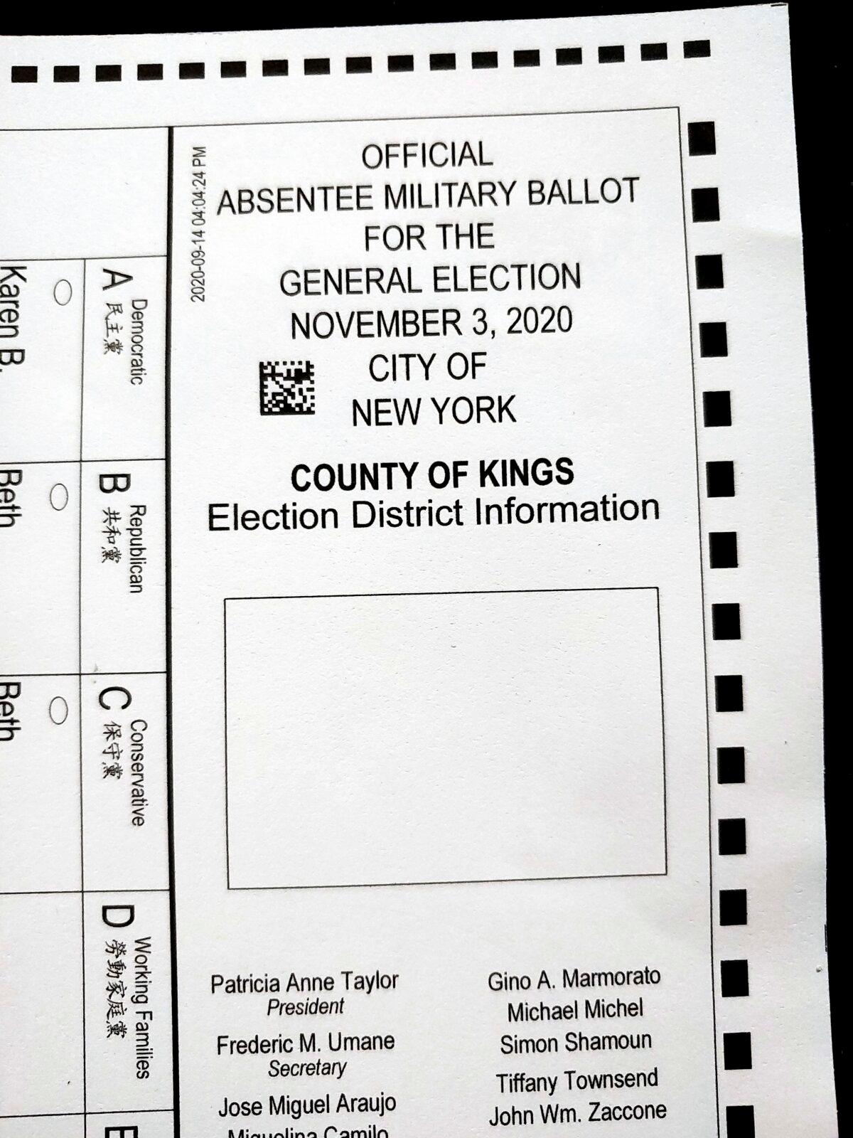 A section of an absentee ballot marked "Absentee Military Ballot," that was mailed to a registered voter in the Brooklyn borough of New York. (AP Photo)