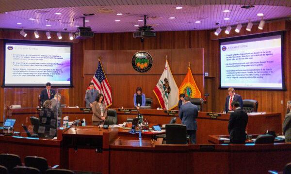 The Orange County Board of Supervisors prepares for its weekly meeting in Santa Ana, Calif. on Aug. 25, 2020. (John Fredricks/The Epoch Times)