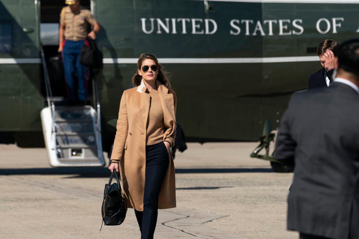 Counselor to the President Hope Hicks walks from Marine One to accompany President Donald Trump aboard Air Force One as he departs, at Andrews Air Force Base, Md., Sept. 30, 2020. (Alex Brandon/AP Photo)