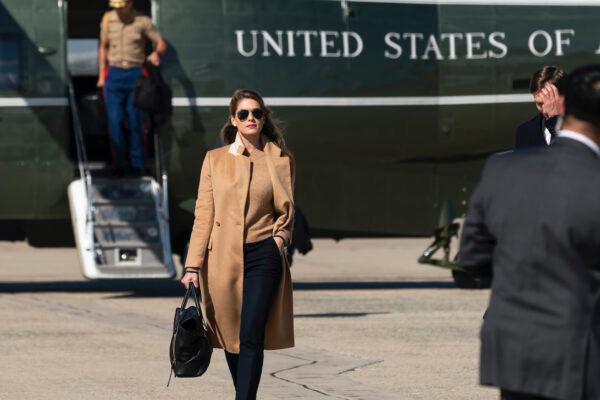 Counselor to the President Hope Hicks walks from Marine One to accompany President Donald Trump aboard Air Force One at Andrews Air Force Base, Md., on Sept. 30, 2020. (AP Photo/Alex Brandon)