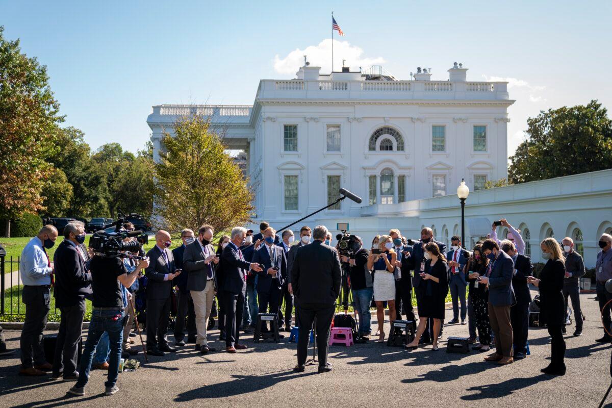 White House chief of staff Mark Meadows talks to a gaggle of reporters outside the White House in Washington on Oct. 2, 2020. (Drew Angerer/Getty Images)