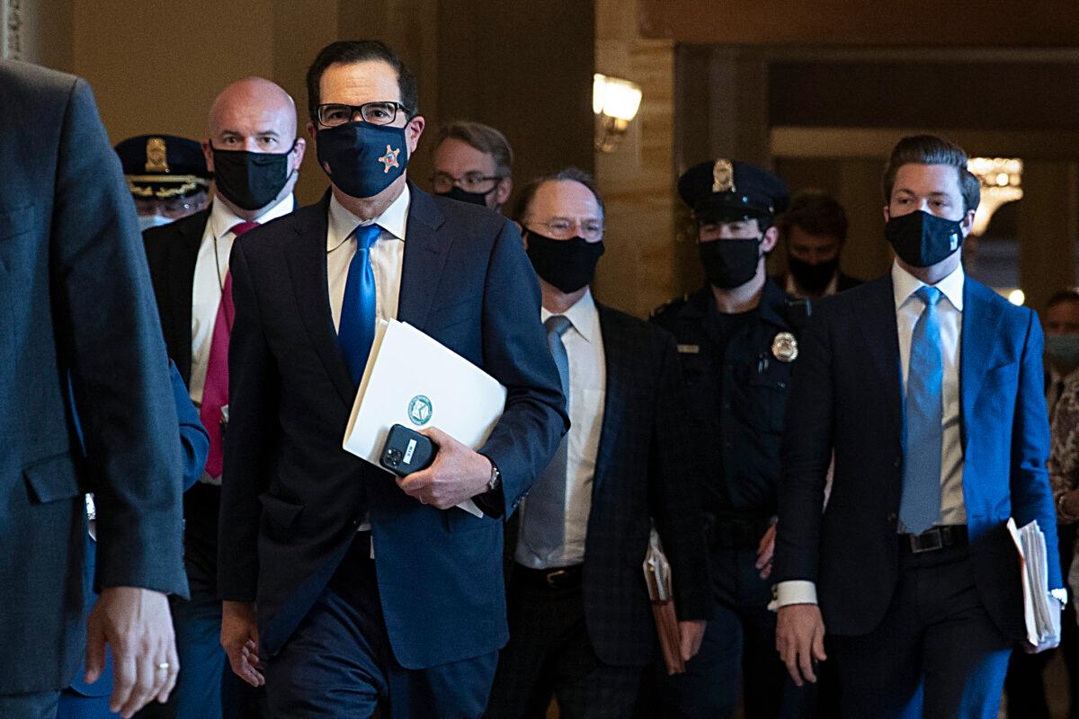 Treasury Secretary Steven Mnuchin departs from the office of Senate Majority Leader Mitch McConnell (R-Ky.) at the U.S. Capitol in Washington on Sept. 30, 2020. (Tasos Katopodis/Getty Images)