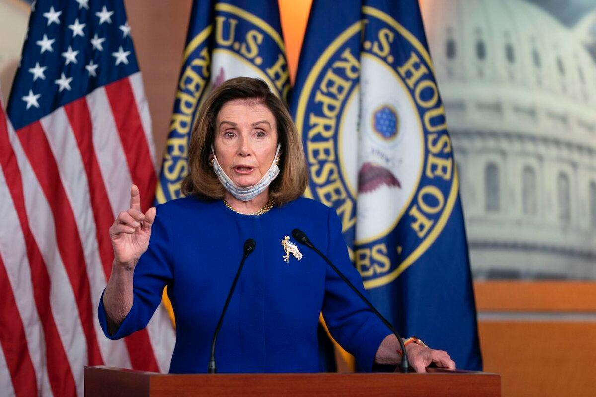  Speaker of the House Nancy Pelosi speaks to the press at the U.S. Capitol in Washington on Sept. 23, 2020. (Alex Edelman/AFP via Getty Images)