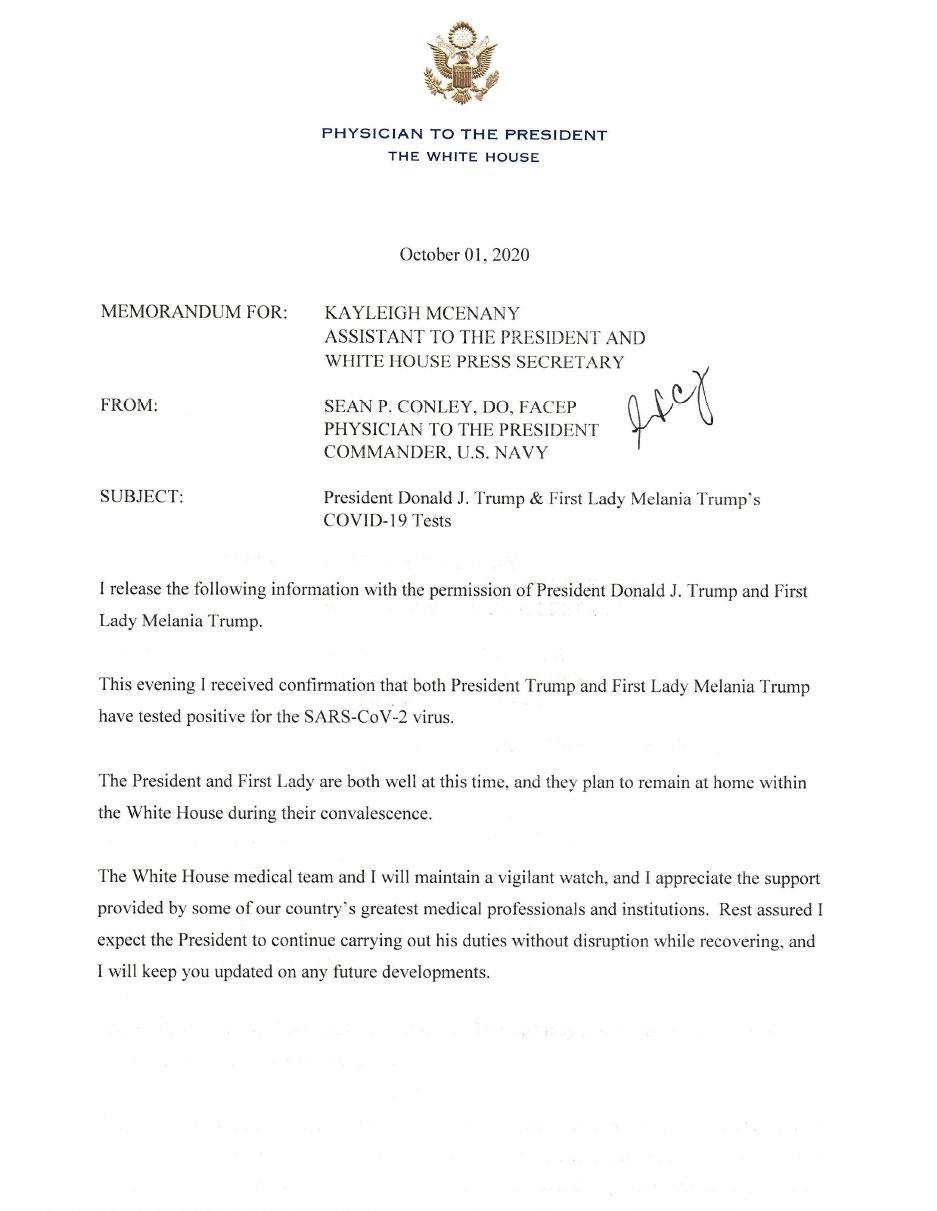 The memo from White House physician Sean Conley. (White House)