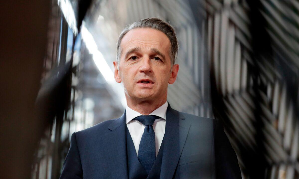 German Minister of Foreign Affairs Heiko Maas speaks to the press during a Foreign ministers affairs council in Brussels, on Sept. 21, 2020. (Olivier Hoslet/Pool/AFP via Getty Images)