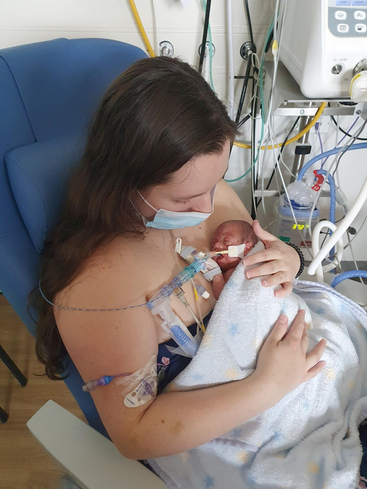 Melissa and Theodore at the hospital. (Caters News)