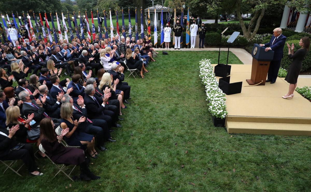 President Donald Trump announces Judge Amy Coney Barrett as his nominee to the Supreme Court in the Rose Garden at the White House, in Washington, on Sept. 26, 2020. (Chip Somodevilla/Getty Images)