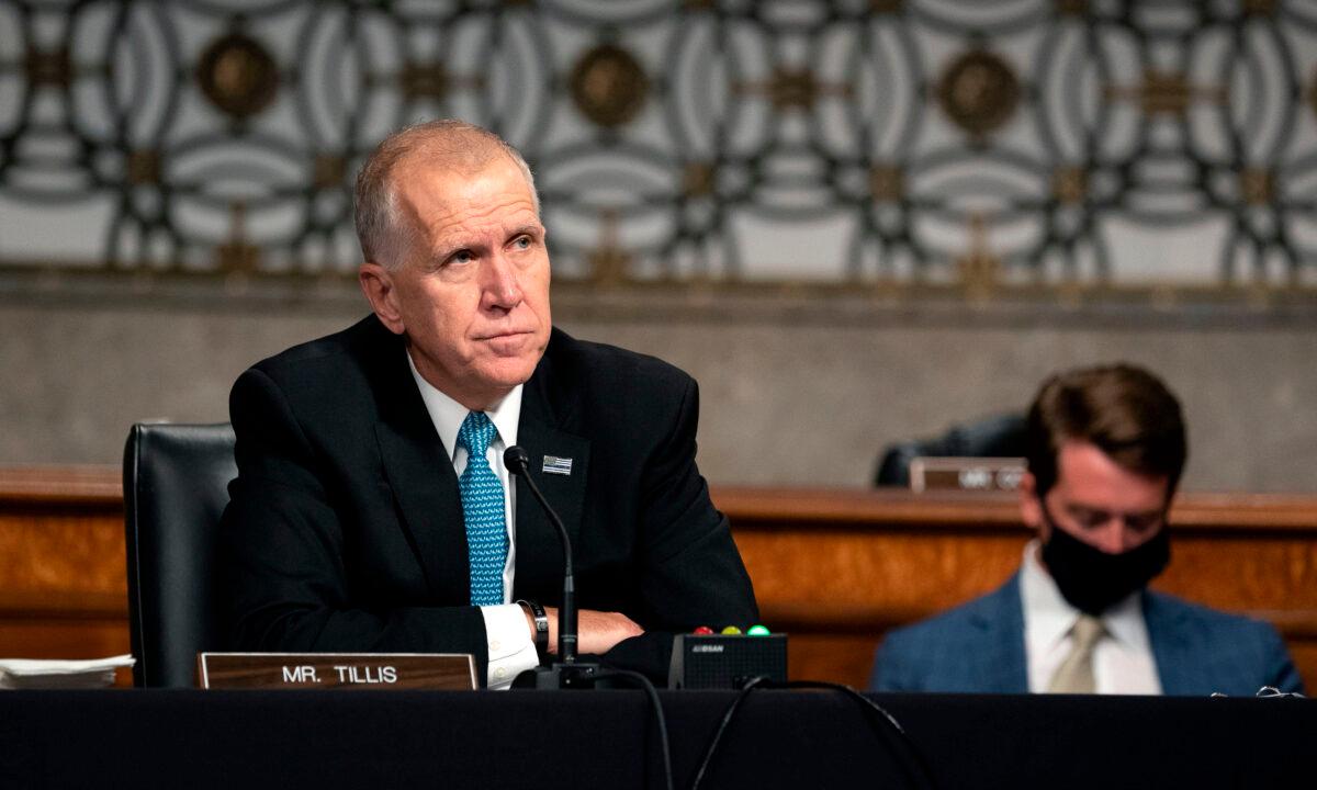 Sen. Thom Tillis (R-N.C.) speaks during the Senate Judiciary Committee oversight hearing to examine the Crossfire Hurricane Investigation in Washington on Sept. 30, 2020. (Stefani Reynolds/Pool/AFP via Getty Images)