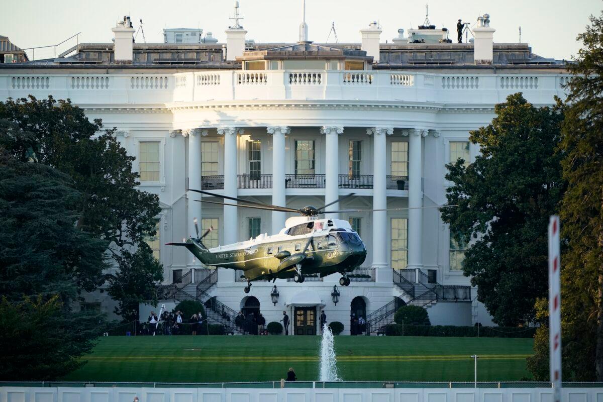 Marine One lifts off from the White House to carry President Donald Trump to Walter Reed National Military Medical Center in Bethesda, Md., in Washington on Oct. 2, 2020. (J. Scott Applewhite/AP Photo)