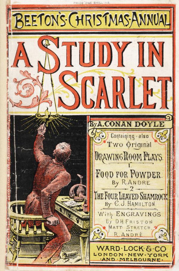 Cover illustration of “Beeton's Christmas Annual” magazine, 1887, featuring Arthur Conan Doyle's "A Study in Scarlet." Beinecke Rare Book and Manuscript Library, Yale University. (Public Domain)