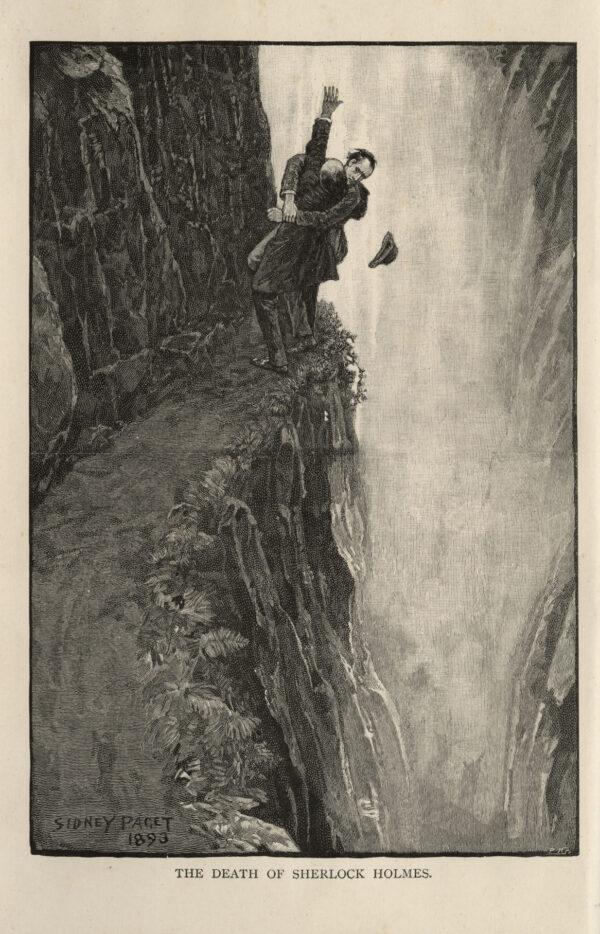 Holmes and Moriarty struggle at Reichenbach Falls, in a drawing by Sidney Paget from “The Final Problem,” 1893, by Arthur Conan Doyle, which appeared in The Strand Magazine. (Public Domain)
