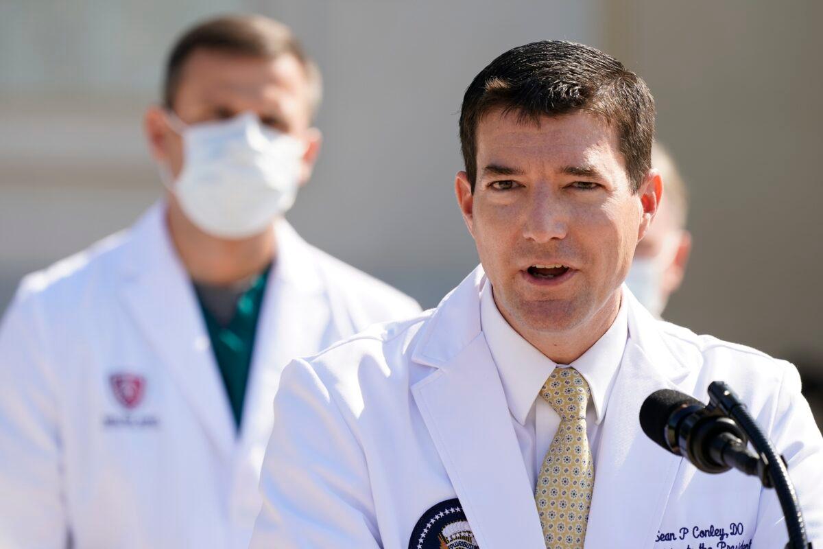 Dr. Sean Conley, physician to President Donald Trump, briefs reporters at Walter Reed National Military Medical Center in Bethesda, Md., on Oct. 4, 2020. (Jacquelyn Martin/AP Photo)