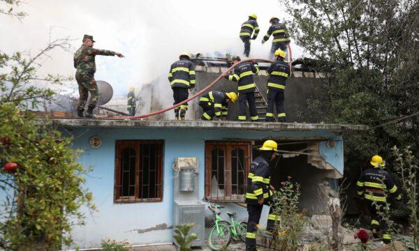 Firefighters battle a fire caused by shelling in the fighting over the breakaway region of Nagorno-Karabakh in the town of Barda, Azerbaijan, on Oct. 5, 2020. (Aziz Karimov/Reuters)