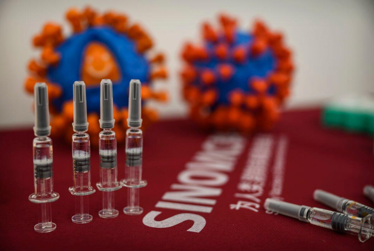Syringes of the potential COVID-19 vaccine CoronaVac are seen on a table at Sinovac Biotech at a press conference in Beijing on Sept. 24, 2020. (Kevin Frayer/Getty Images)
