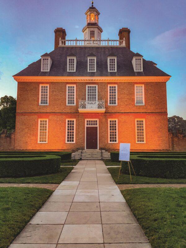 The Governor's Palace at dusk. (Courtesy of Visit Williamsburg)