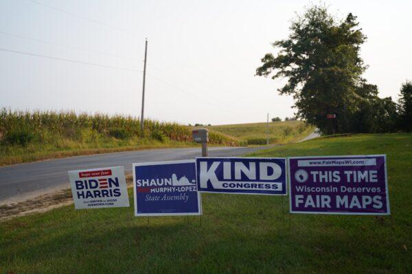 A sign supporting Democratic nominee Joe Biden stands on the property of Myron Tranel, in Platteville, Wis., on Sept. 21, 2020. (Cara Ding/The Epoch Times)