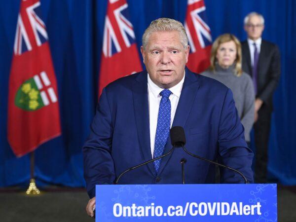 Ontario Premier Doug Ford holds a press conference regarding the COVID-19 pandemic at Queen's Park in Toronto on Oct. 2, 2020. (The Canadian Press/Nathan Denette)