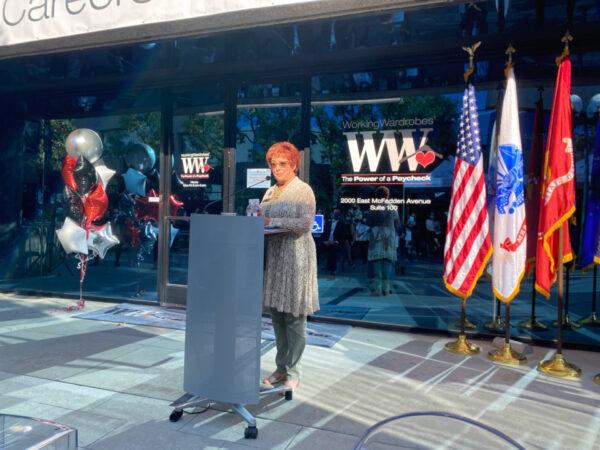 Working Wardrobes founder and CEO Jerri Rosen speaks at a ceremony prior to opening a new center in Santa Ana, Calif., on Sept. 30, 2020. (Jack Bradley/The Epoch Times)