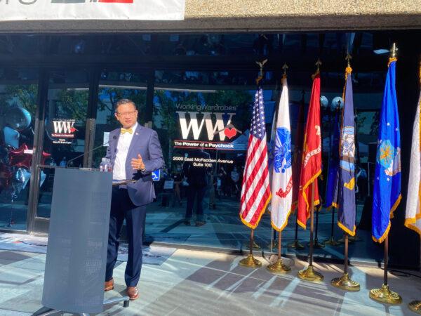 Orange County Supervisor Andrew Do speaks at a ceremony honoring the reopening of the Working Wardrobes career center in Santa Ana, Calif., on Sept. 30, 2020. (Jack Bradley/The Epoch Times)