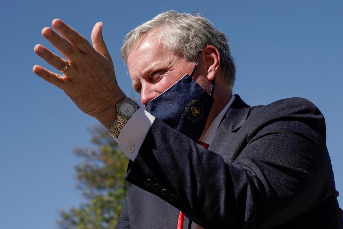 White House chief of staff Mark Meadows talks to reporters at Walter Reed National Military Medical Center in Bethesda, Md., on Oct. 3, 2020. (Ken Cedeno/Reuters)