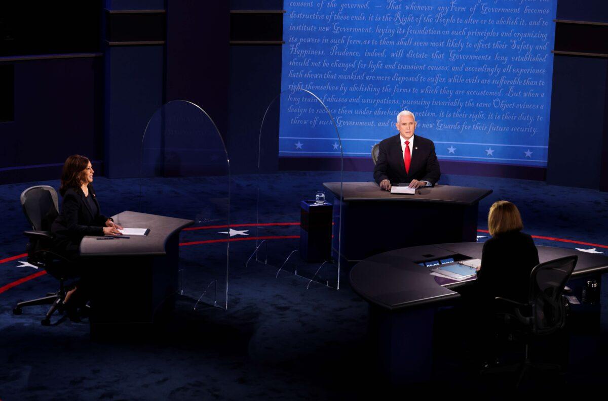 Democratic vice presidential nominee Sen. Kamala Harris and U.S. Vice President Mike Pence participate in their 2020 vice presidential campaign debate held on the campus of the University of Utah in Salt Lake City on Oct. 7, 2020. (Lucy Nicholson/Reuters)