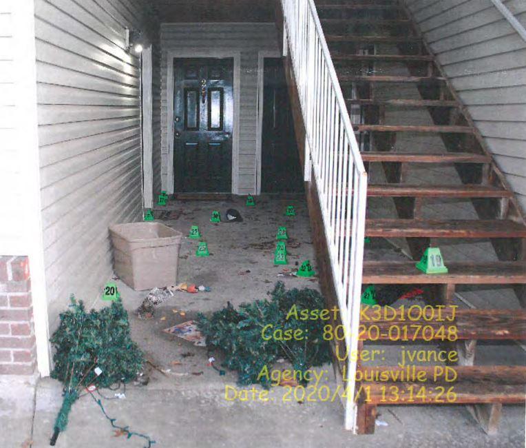 The exterior of Breonna Taylor's apartment in Louisville, Ky., following a police raid on March 13, 2020. (Louisville Metro Police Department)