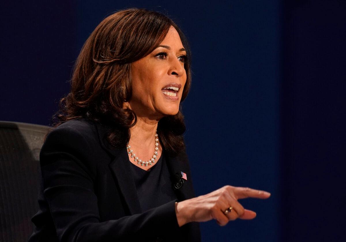 Democratic vice presidential nominee Sen. Kamala Harris (D-Calif.), makes a point during the vice presidential debate with Vice President Mike Pence at Kingsbury Hall on the campus of the University of Utah in Salt Lake City on Oct. 7, 2020. (Patrick Semansky/AP Photo)