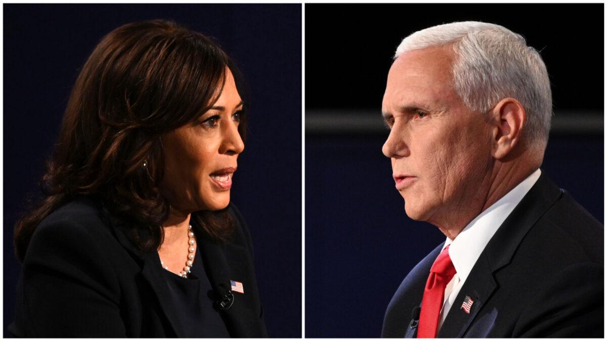 (L) Democratic vice presidential nominee Sen. Kamala Harris (D-Calif.) and (R) Vice President Mike Pence speak during the vice presidential debate in Kingsbury Hall at the University of Utah on Oct. 7, 2020, in Salt Lake City. (L: Eric Baradat/R: Robyn Beck/AFP via Getty Images)