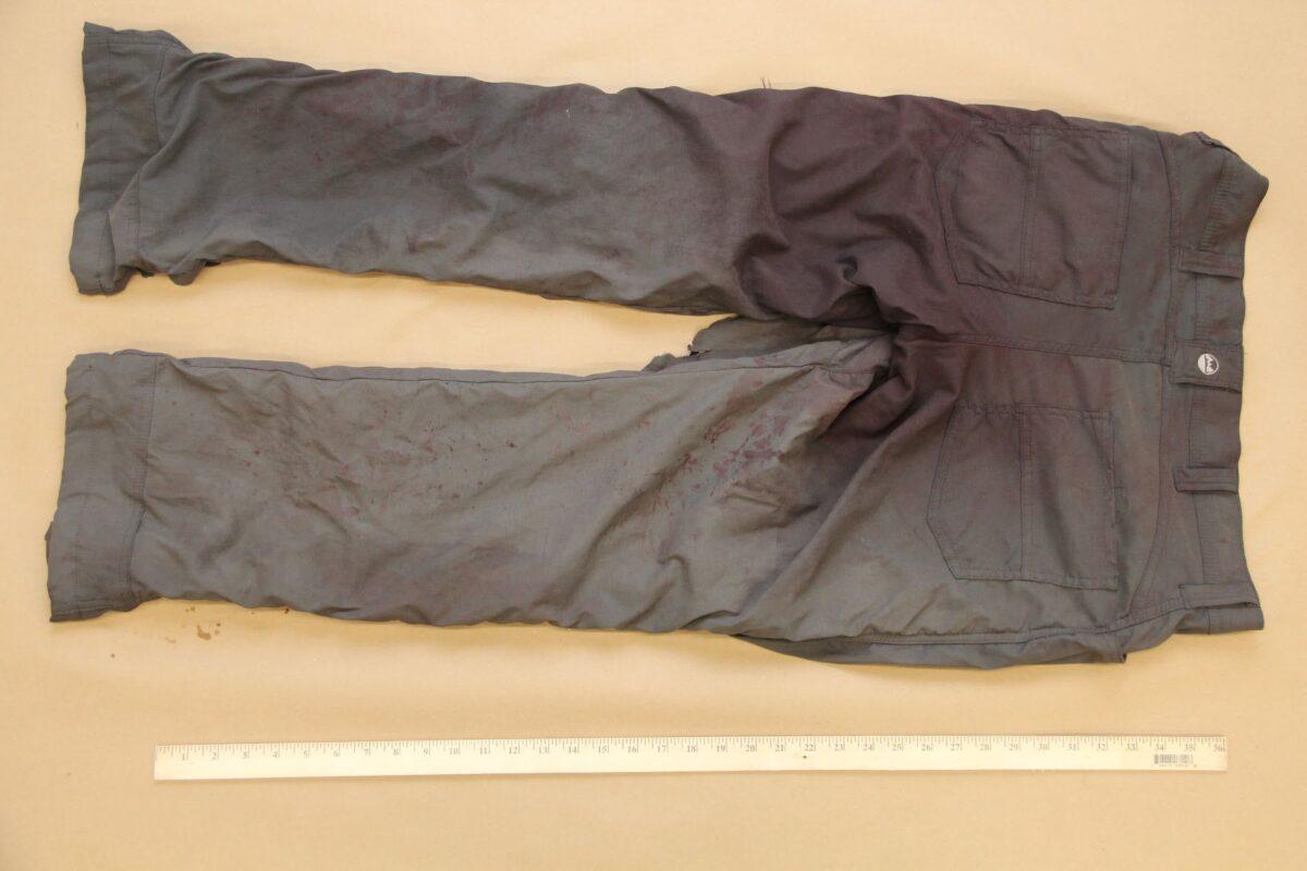 Pants worn by Sgt. Jonathan Mattingly, who was shot by Kenneth Walker, Breonna Taylor's boyfriend, following the execution of a warrant at Taylor's apartment in Louisville, Ky., on March 13, 2020. (Louisville Metro Police Department)
