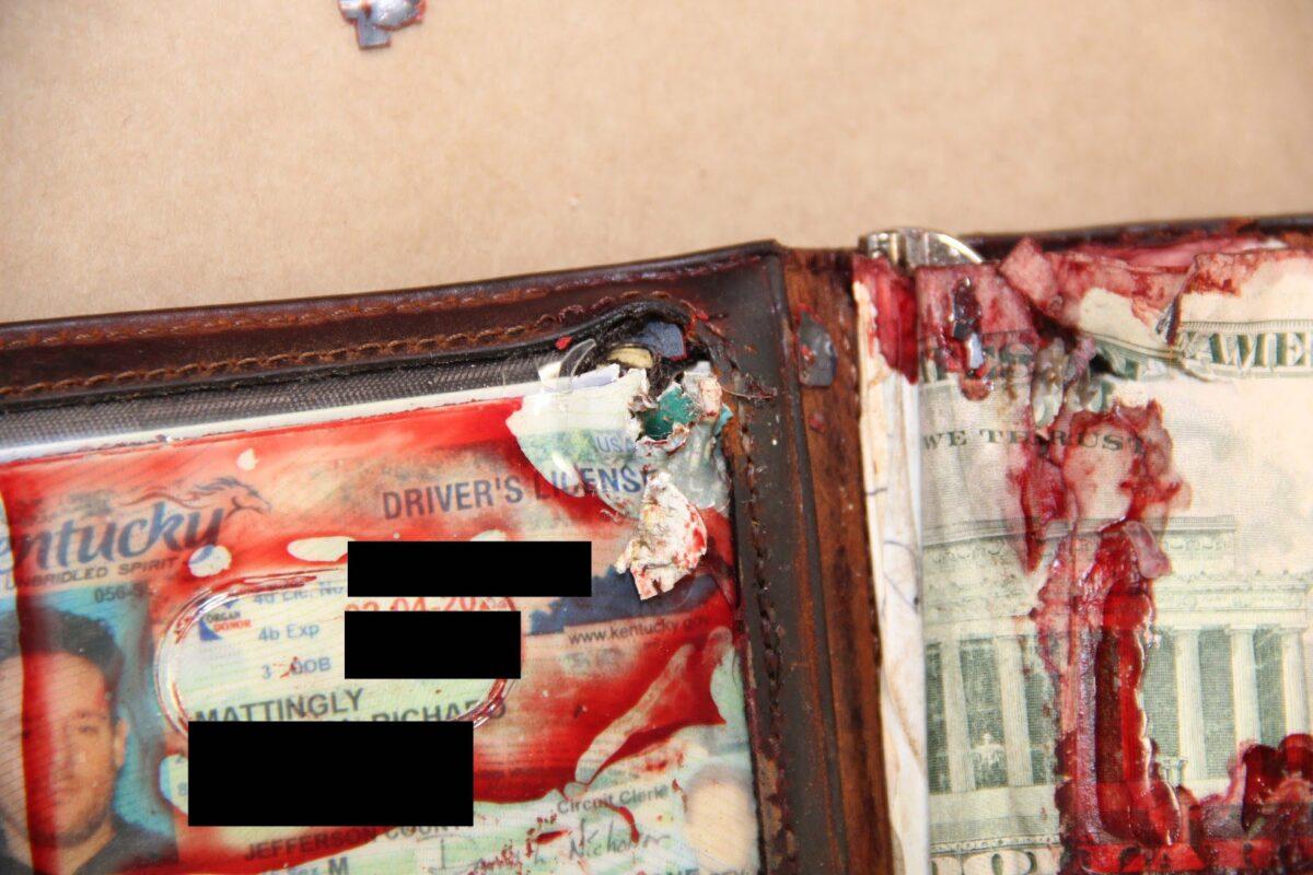 Sgt. Jonathan Mattingly's wallet, which was struck by a bullet fired by Kenneth Walker, Breonna Taylor's boyfriend, following the execution of a warrant at Taylor's apartment in Louisville, Ky., on March 13, 2020. (Louisville Metro Police Department)