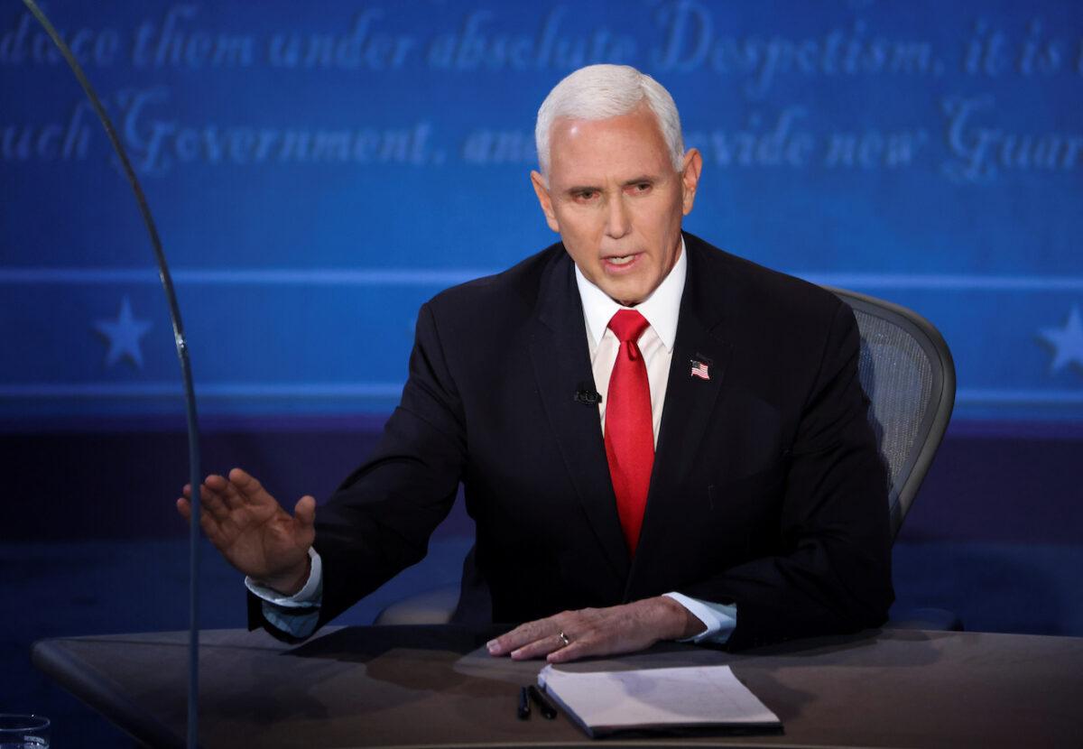 Vice President Mike Pence speaks during the vice presidential campaign debate with Democratic vice presidential nominee Sen. Kamala Harris (D-Calif.) held on the campus of the University of Utah in Salt Lake City on Oct. 7, 2020. (Lucy Nicholson/Reuters)
