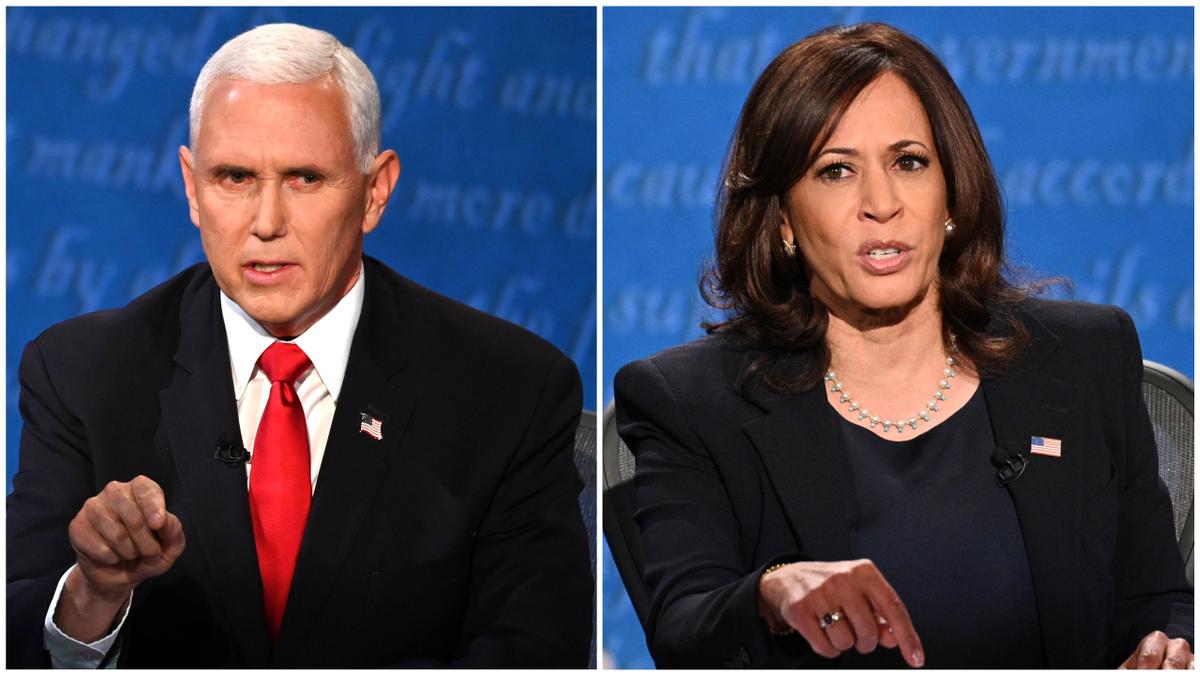 (L) U.S. Vice President Mike Pence and Sen. Kamala Harris (D-Calif.) speak during the vice presidential debate in Kingsbury Hall at the University of Utah in Salt Lake City on Oct. 7, 2020. (Eric Baradat/AFP via Getty Images & Robyn Beck/AFP via Getty Images)