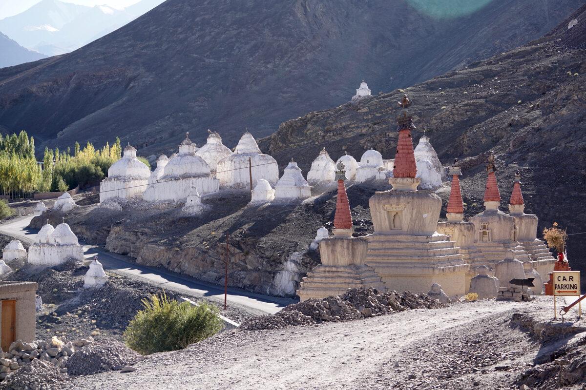Stupas outside the Stok Palace, the current residence of the descendants of Ladakh's Namgyal Dynasty in Stok Village, in Leh, India, on Oct. 5, 2020. (Venus Upadhayaya/Epoch Times)