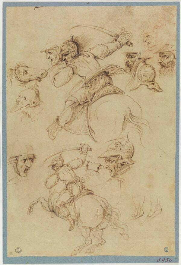 Studies for the "Battle of Anghiari," by Leonardo da Vinci. (Uffizi Galleries, Florence.)