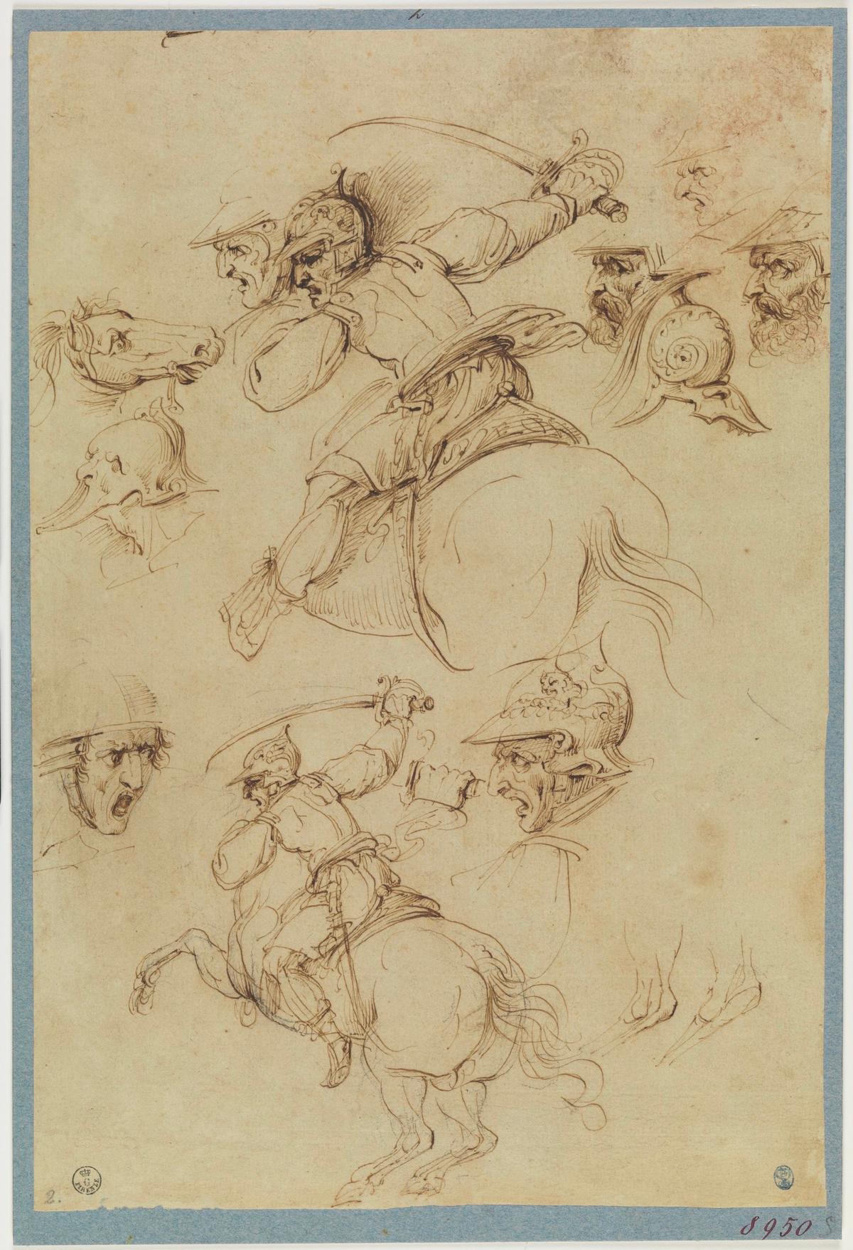Studies for "The Battle of Anghiari," between 1503 and 1504, by Leonardo da Vinci. Pen and ink on paper. Uffizi Galleries, Florence. (Public Domain)