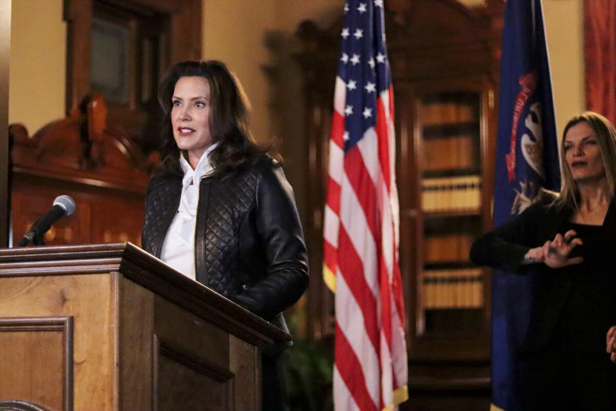 Michigan Gov. Gretchen Whitmer addresses the state during a speech in Lansing, Mich., Oct. 8, 2020. (Michigan Office of the Governor via AP)