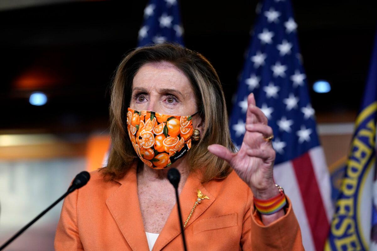 House Speaker Nancy Pelosi's (D-Calif.) speaks to reporters in Washington on Oct. 8, 2020. (J. Scott Applewhite/AP Photo)