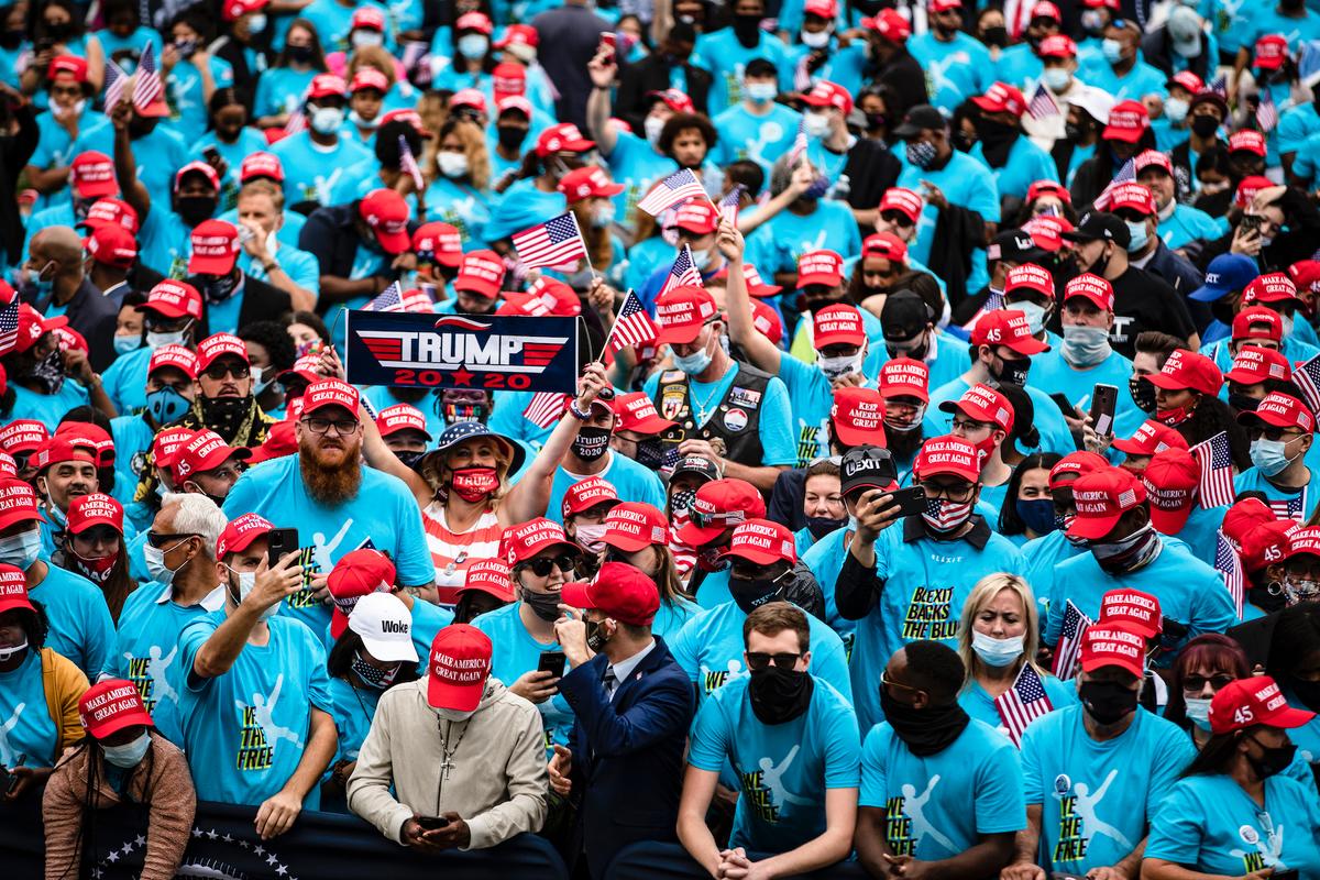 Supporters cheer as they wait for President Donald Trump to address a rally in support of law and order on the South Lawn of the White House in the District of Columbia on Oct. 10, 2020. (Samuel Corum/Getty Images)