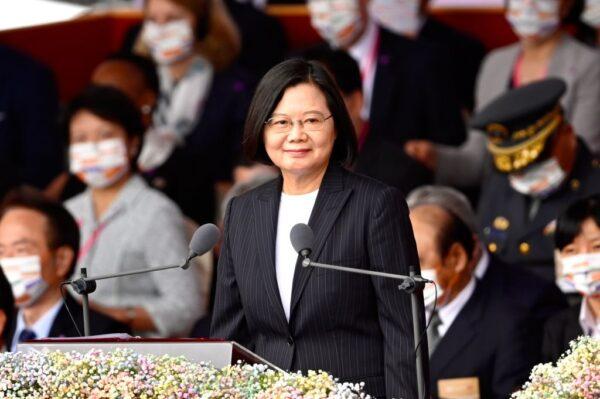Taiwan President Tsai Ing-wen (C) speaks during the National Day in front of the Presidential Office in Taipei, Taiwan, on Oct. 10, 2020. (Sam Yeh/AFP via Getty Images)
