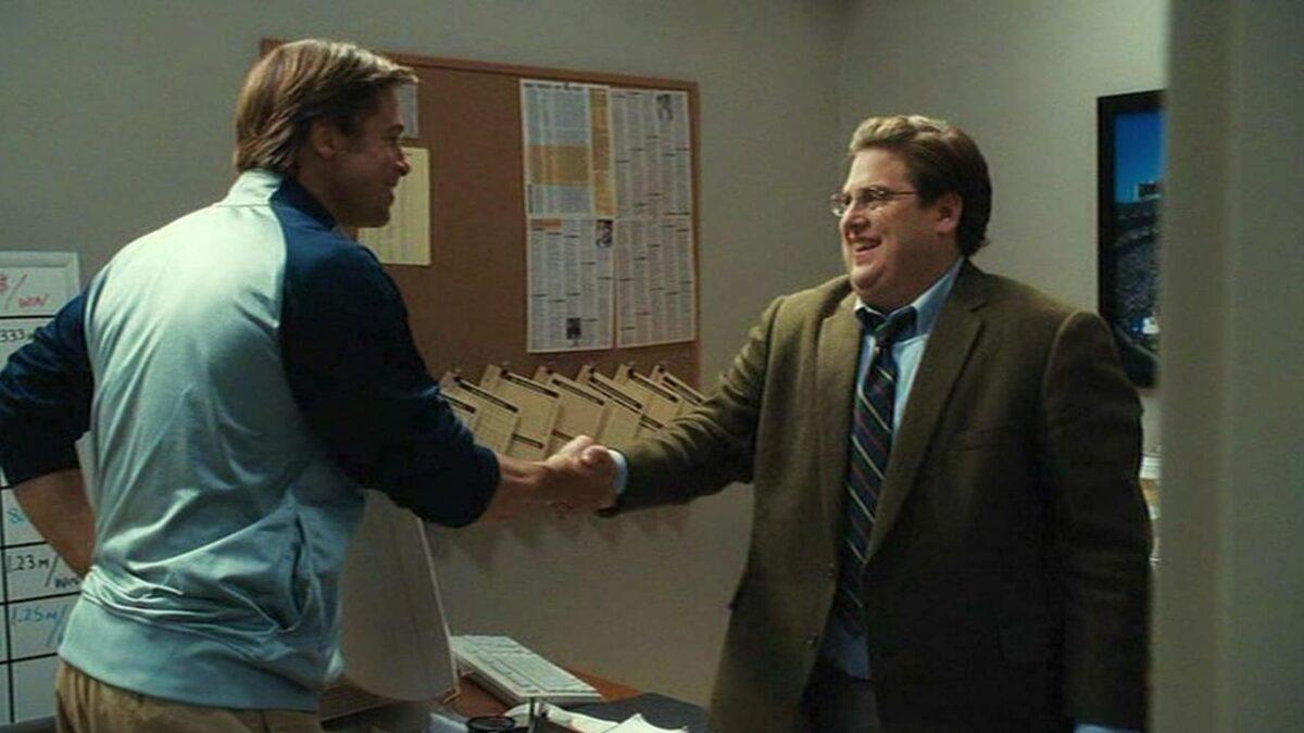 Billy Beane (Brad Pitt, L), the A's team manager, and Peter Brand (Jonah Hill), a Yale-educated economist, work together in reforging the A's success, in the drama "Moneyball." (Melinda Sue Gordon/ Columbia TriStar Marketing Group, Inc.)
