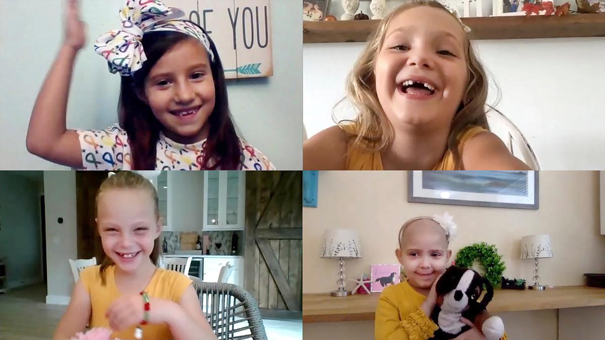 In this video screengrab, cancer survivors Chloe Grimes, Avalynn Luciano, Lauren Glynn, and McKinley Moore talk during a virtual reunion from their homes in Florida on Sept. 17, 2020. (Johns Hopkins All Children’s Hospital via AP)