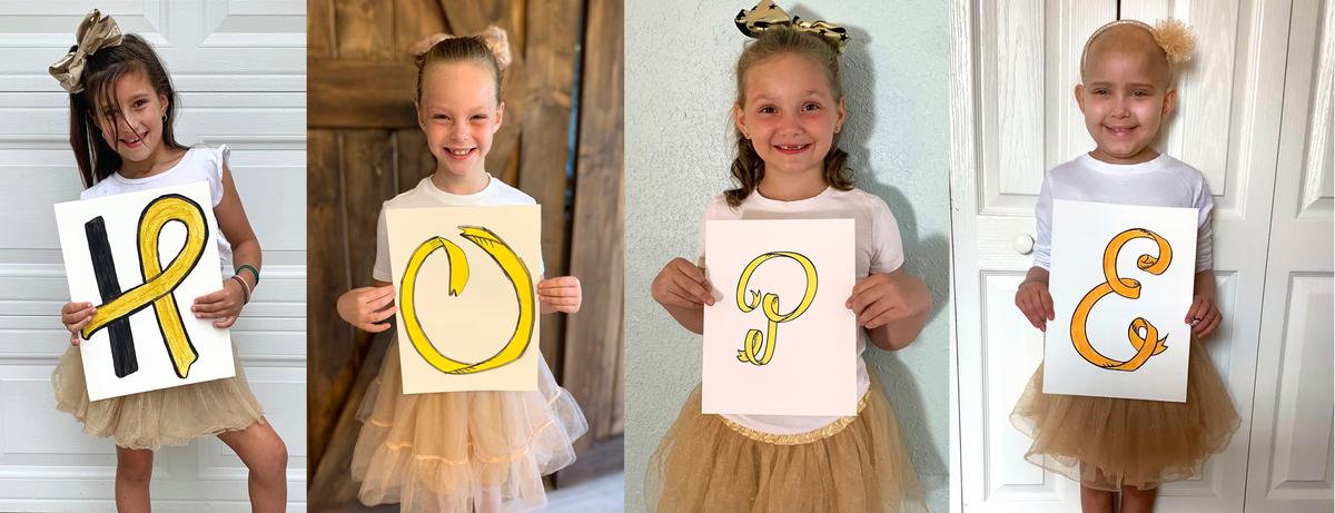 Chloe Grimes, McKinley Moore, Avalynn Luciano, and Lauren Glynn spell the word "Hope" with drawings of ribbon in gold, the color that symbolizes the fight against cancer in the young, in their respective homes in Florida, Sept. 19, 2020. (John Hopkins All Children's Hospital via AP)