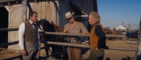 In “The Big Country,” James McKay (Gregory Peck, L) is considered a coward by ranch hand Steve Leech (Charlton Heston, C) and ranch owner Major Henry Terrill (Charles Bickford), but nothing could be further from the truth. (United Artists)