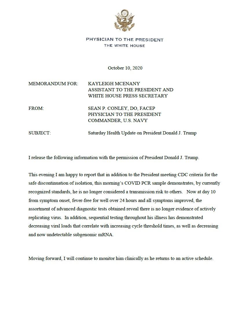 Oct. 10 memo on President Donald Trump's health following his COVID-19 diagnosis. (Supplied)