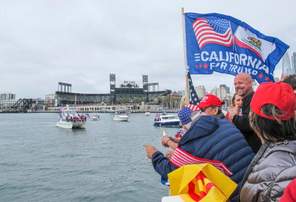 A boat parade in support of President Donald Trump starts at McCovey Cove by Oracle Park in San Francisco, on Oct. 10, 2020. (Ilene Eng/The Epoch Times)