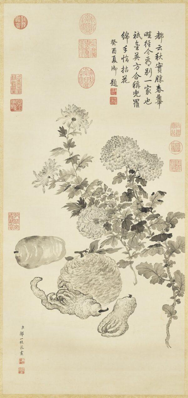 In this black-and-white ink-wash painting, the chrysanthemum takes on a more solemn, sophisticated feel. It is depicted alongside citruses and melons, which symbolize virtue and literary talent. (National Palace Museum)