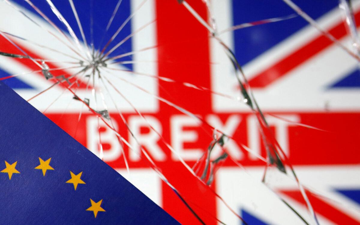 Illustration picture with EU flag, British flag, and broken glass is shown in a file photo taken on Jan. 31, 2020. (Dado Ruvic/Reuters)