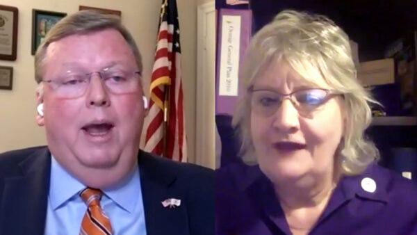 Mayor Mark Murphy and mayoral candidate Adrienne Gladson attend an online forum in Orange, Calif., on Oct. 6, 2020. (Screenshot/Zoom)