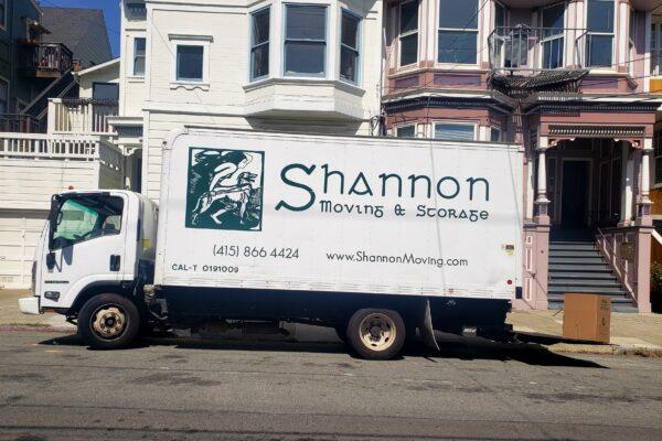 A moving truck is parked in San Francisco, on Sept. 19, 2020. (David Lam/The Epoch Times)